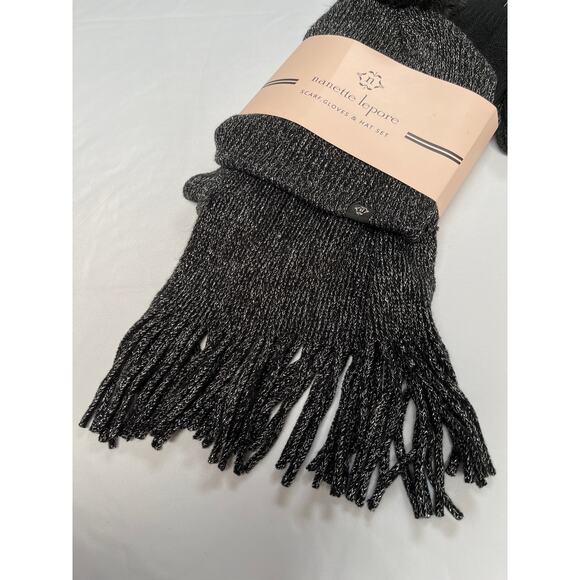 Nanette Lepore Scarf Gloves Hat Set of 3 Pieces Black Silver Metallic - Picture 3 of 7